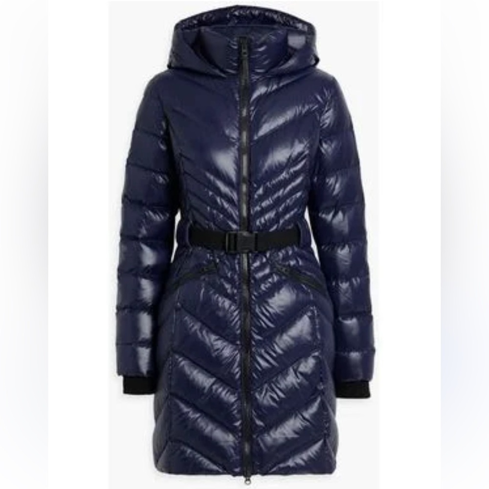 NWT RUDSAK duck down Quilted shell hooded jacket /belted coat Women Navy size M